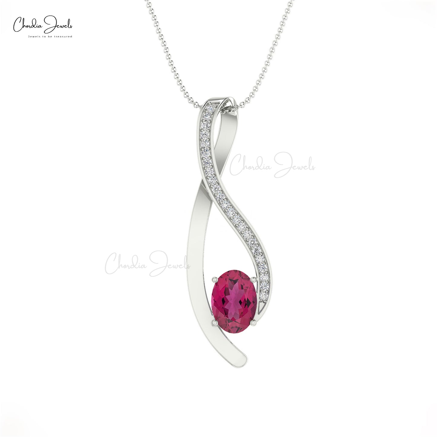 High Class 14K Gold Pink Tourmaline & White Diamond Curve Pendant