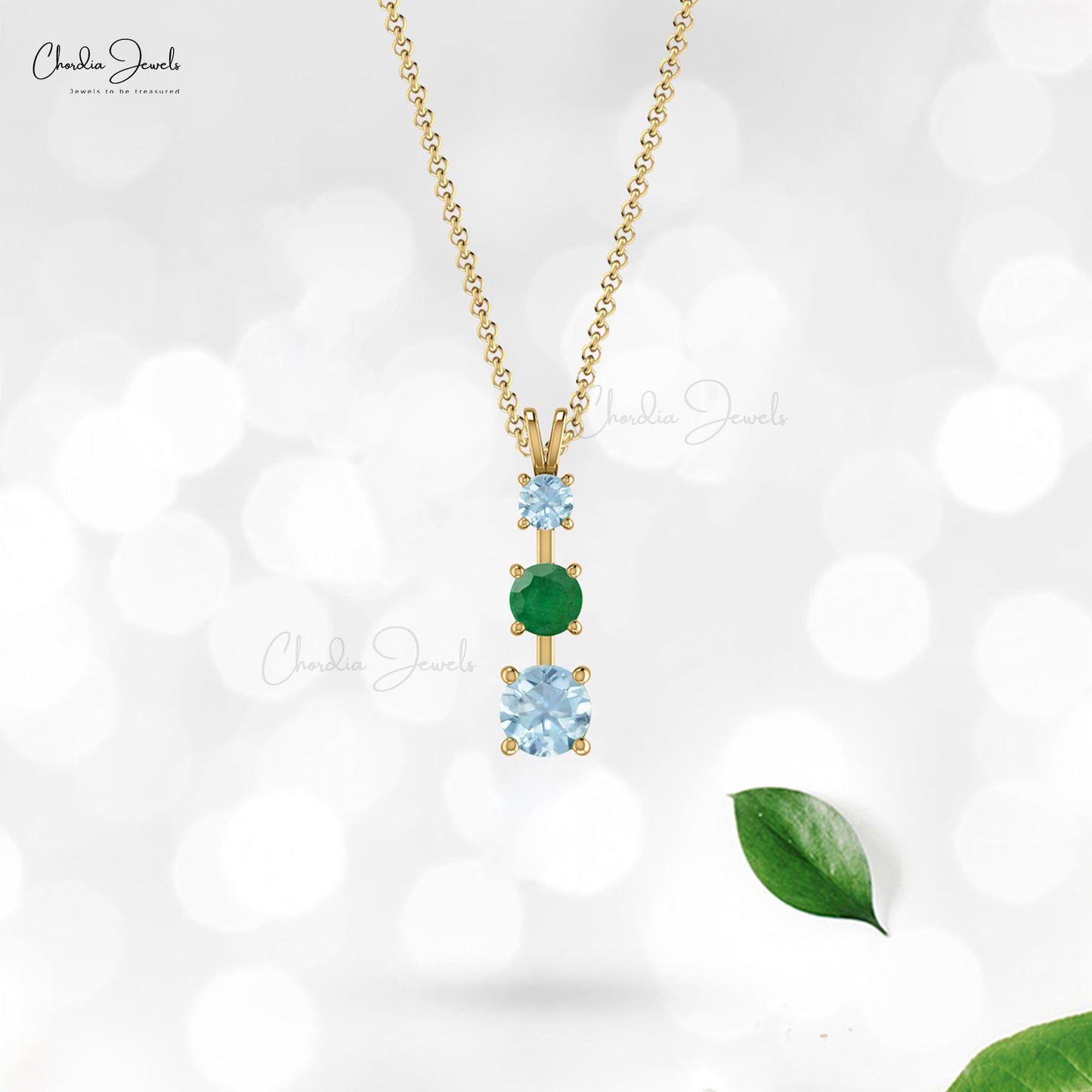 Trilogy Pendant With Natural Emerald & Aquamarine 14K Solid Gold Handcrafted Pendant For Her