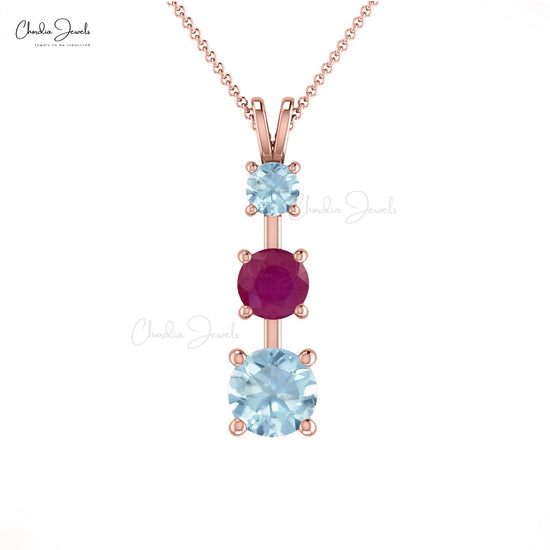 Gold Natural Burmese Ruby & Aquamarine Three Stone Pendant Necklace for Women
