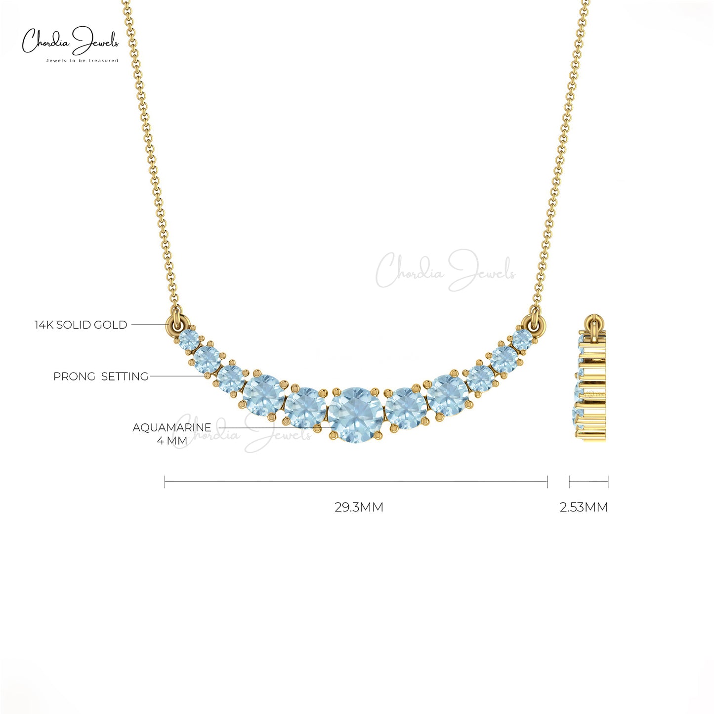 Round Aquamarine Statement Necklace In 14k Solid Gold Prong Set Gemstone Wedding Necklace