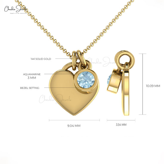 Round Aquamarine Solitaire Heart Necklace In 14k Real Gold