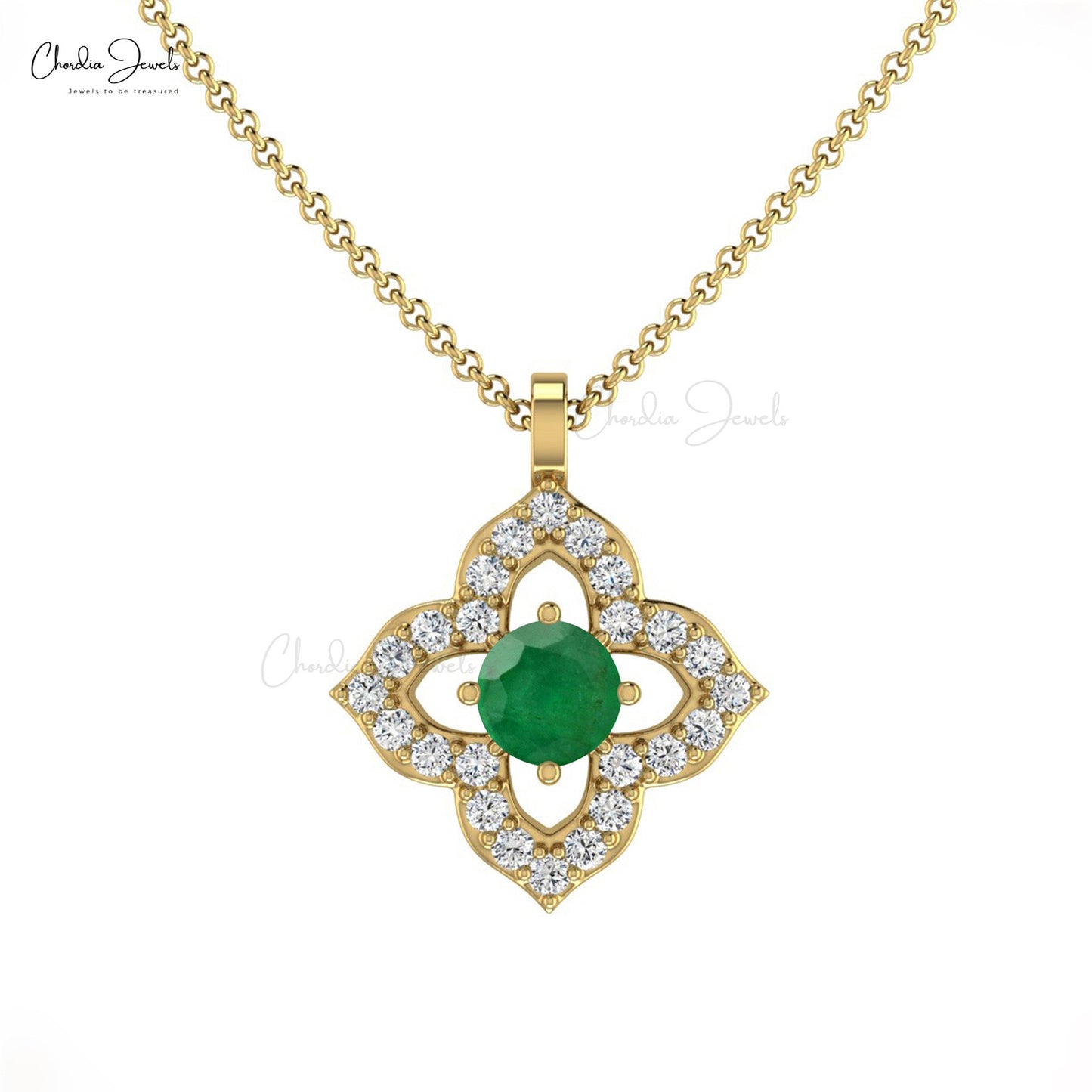 Floral Pendant With Natural Emerald Gemstone 14k Solid Gold Diamond Accents Unique Pendant