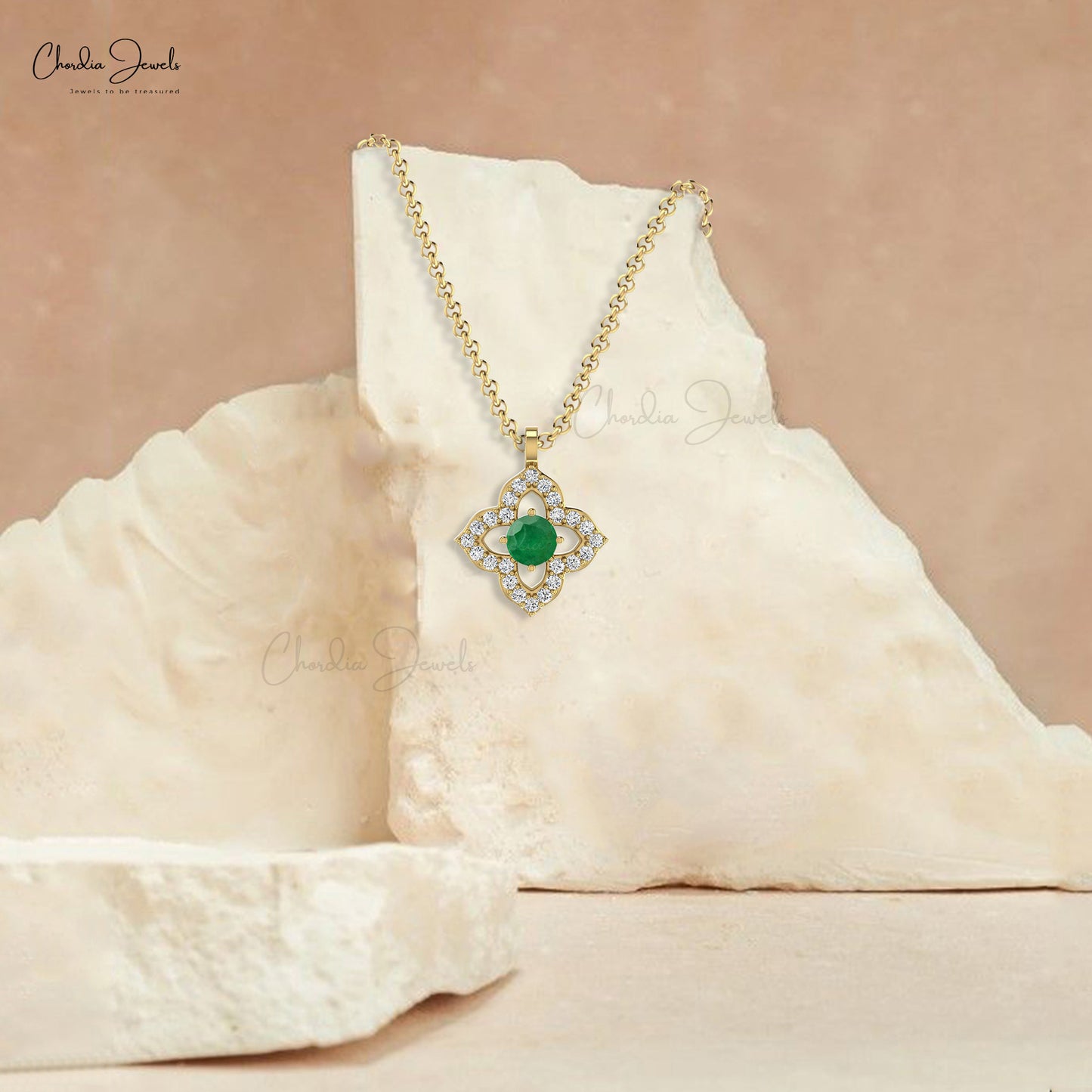 Floral Pendant With Natural Emerald Gemstone 14k Solid Gold Diamond Accents Unique Pendant