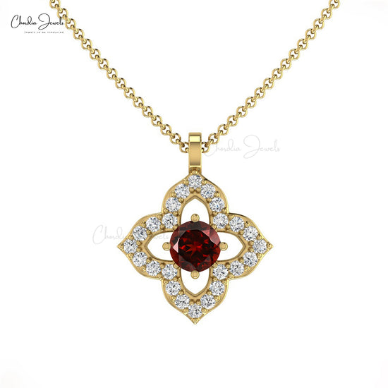 Elegant Round Garnet Pendant Necklace in 14K Gold with G-H Diamond