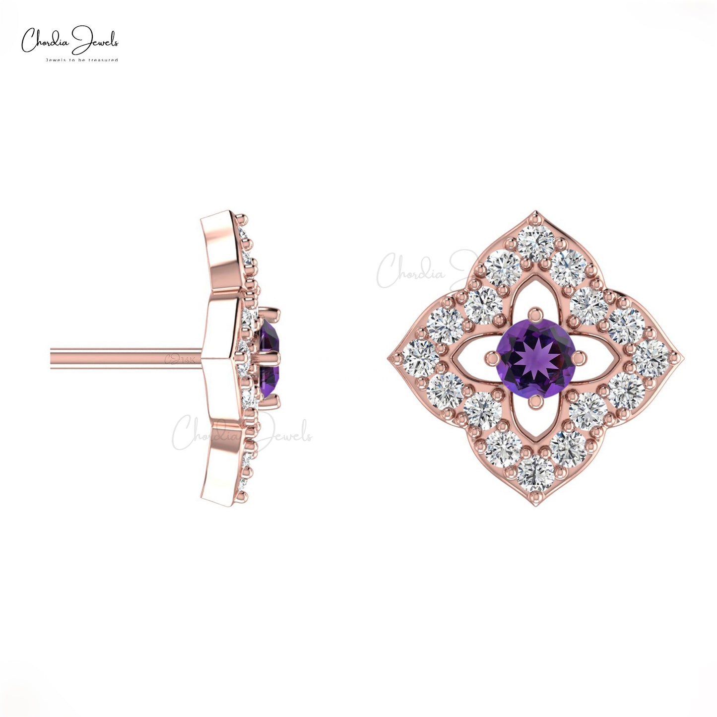 Rose Gold Natural Amethyst Stud Earrings Diamond Accent
