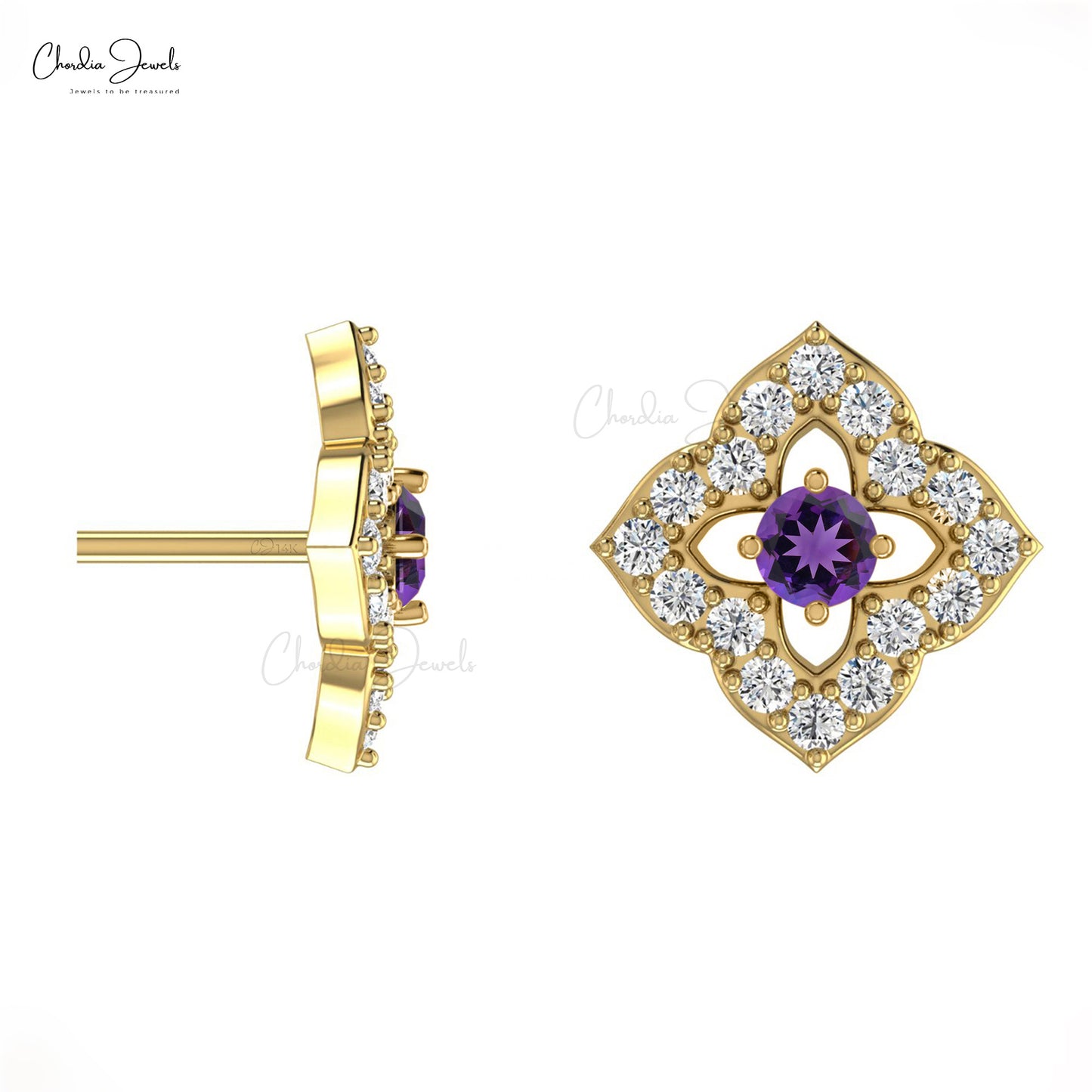 Gold Natural Amethyst Stud Earrings Diamond Accent