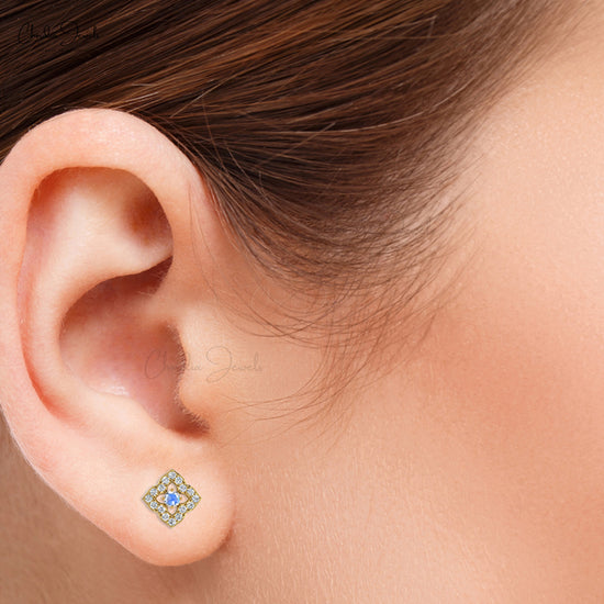 Genuine 14K Gold Rainbow Moonstone & Round Diamond Stud Earrings For Woman