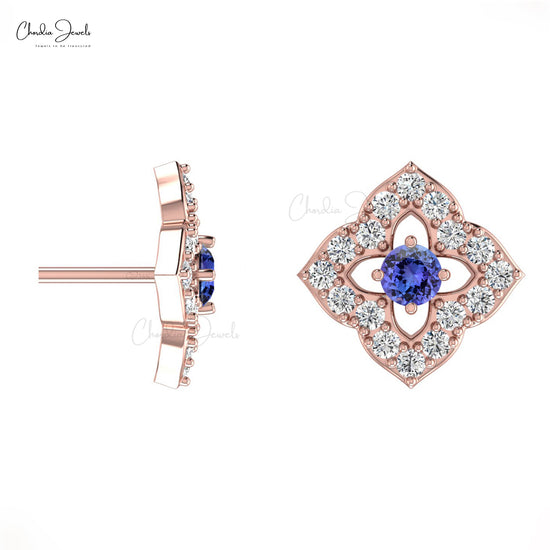 Elegant Floral Tanzanite Studs with Diamonds Accent 14k Gold Charm Jewelry Anniversary Gift
