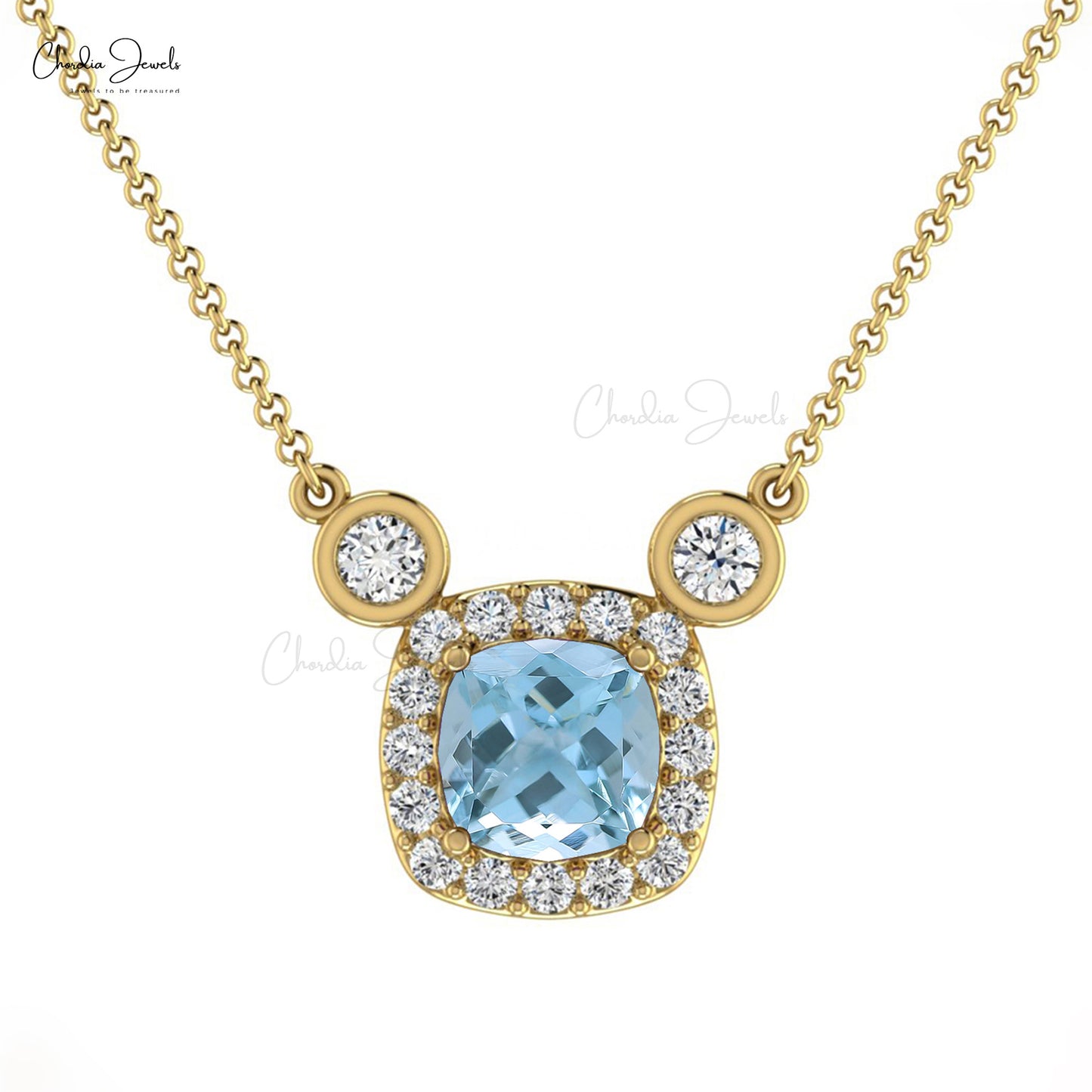 Natural Aquamarine Halo Necklace 14k Solid Gold Diamond Necklaces For Birthday Gift