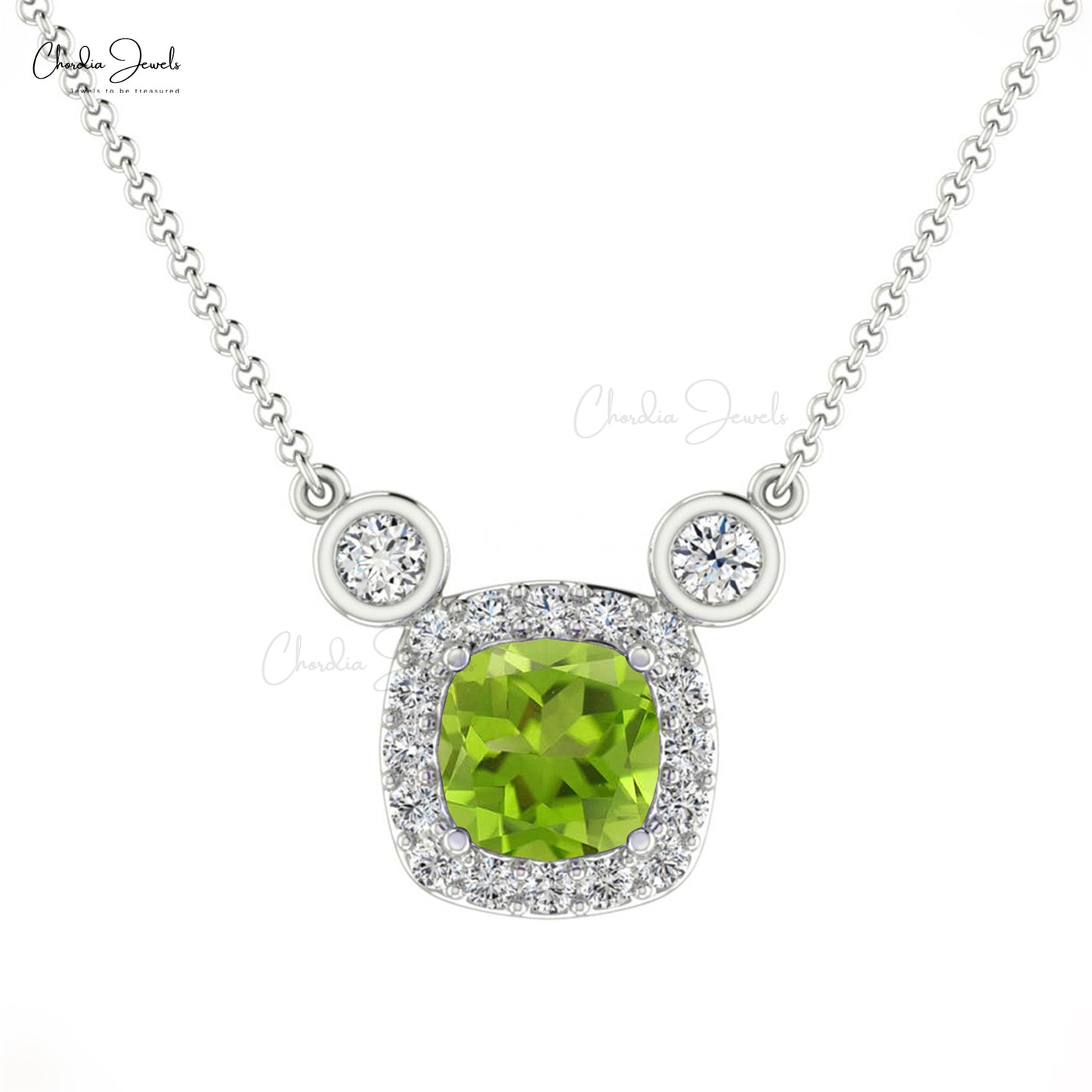 4mm Cushion Cut Gemstone Natural Peridot Handmade Necklace 14k Solid Gold Diamond Necklace For Her