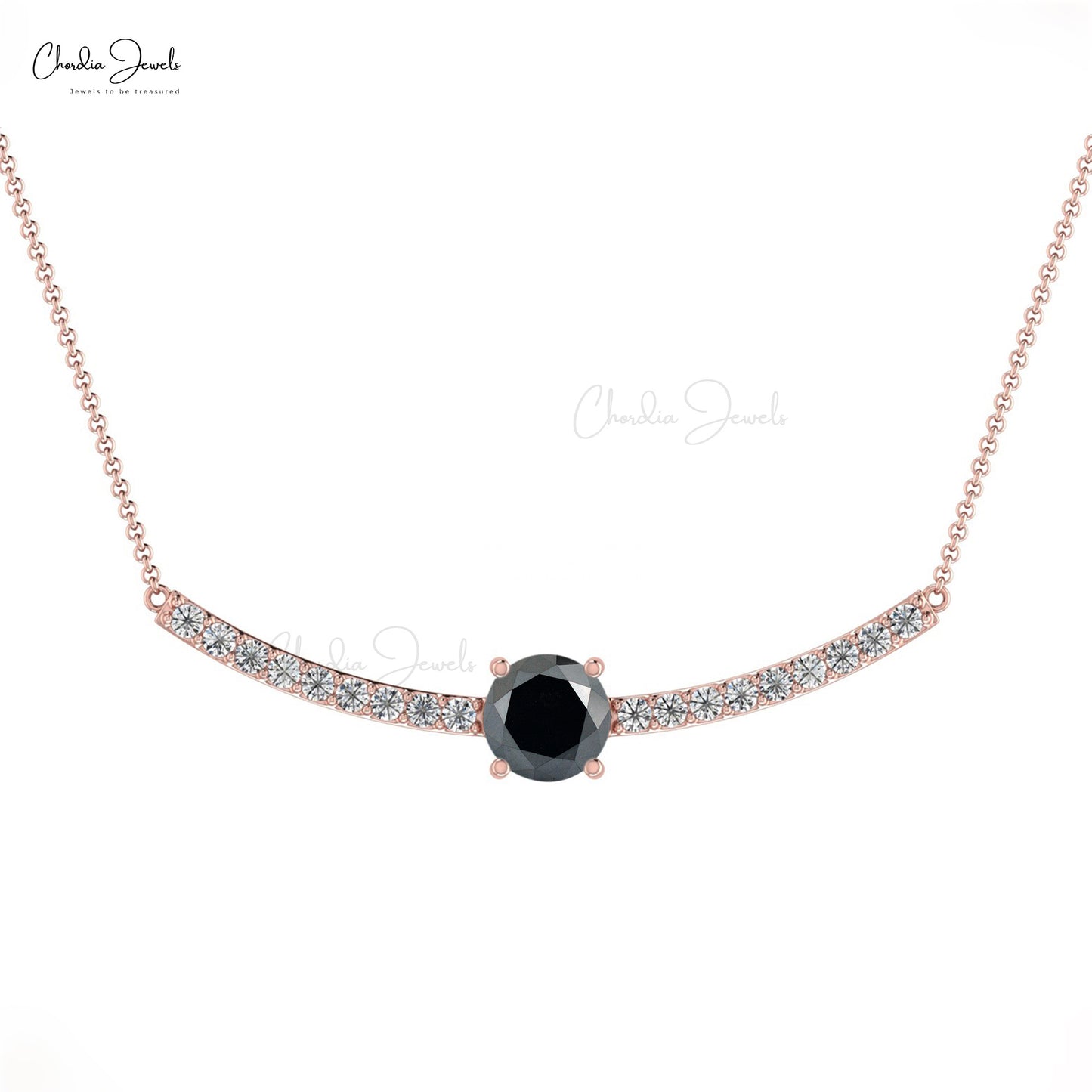 Natural Black Diamond and White Diamond Necklace, 5mm Round April Birthstone Necklace, 14k Solid Gold Statement Necklace Gift for Her
