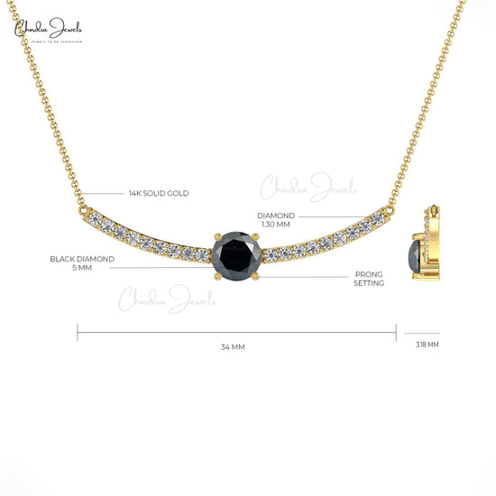 Natural Black Diamond and White Diamond Necklace, 5mm Round April Birthstone Necklace, 14k Solid Gold Statement Necklace Gift for Her