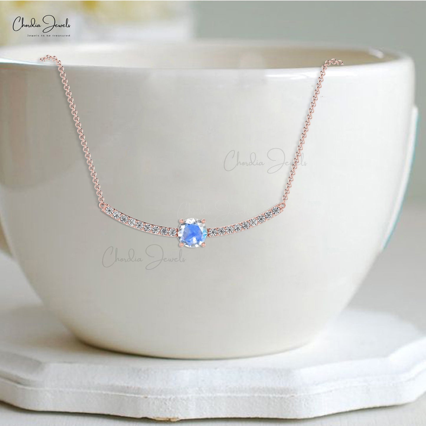 5mm Round Faceted June Birthstone Necklace, 0.6 Carat Natural Rainbow Moonstone Necklace, 14k Solid Gold Diamond Necklace Gift for Her