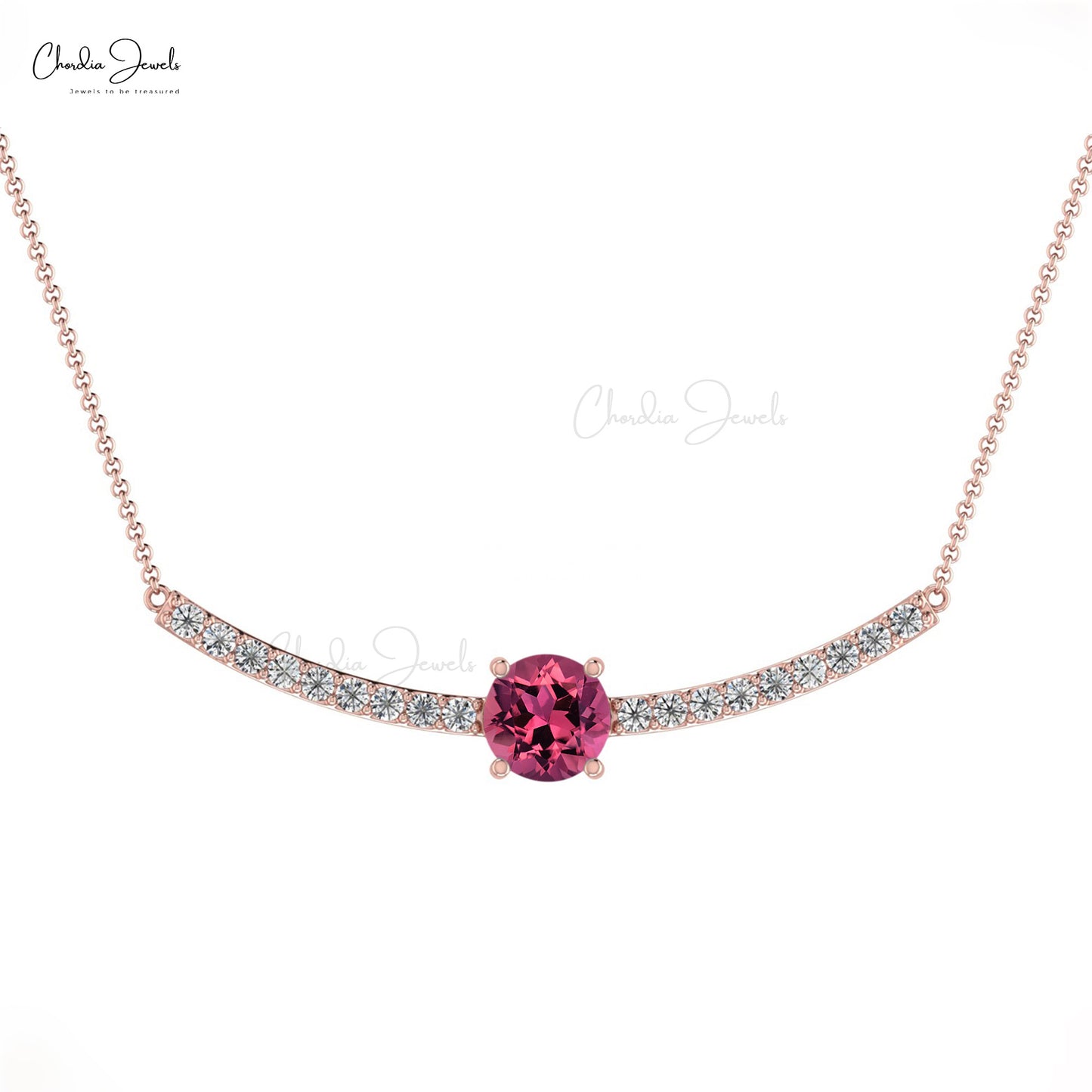 Natural Pink Tourmaline and Diamond Necklace, 5mm Round Faceted October Birthstone Necklace, 14k Solid Gold Necklace Gift for Wedding