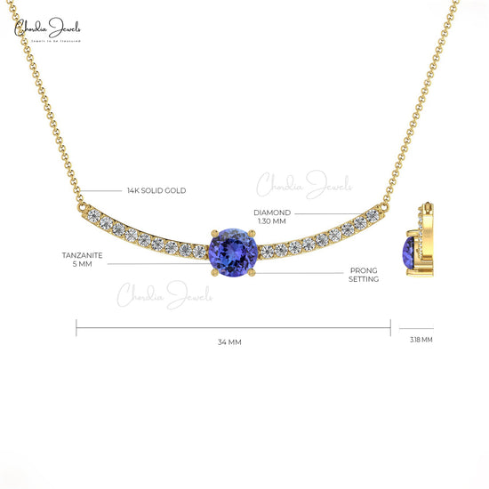 Round 5mm Cut Authentic Tanzanite December Birthstone Statement Necklace 14k Solid Gold Pave Set Diamond Jewelry For Wedding Gift