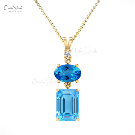 Authentic Blue Topaz 1.78 Ct 4-Prong Set Pendant For Women 14k Solid Gold April Birthstone Diamond Accented Pendant Hallmarked Jewelry