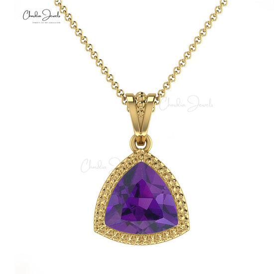 Real 14k Gold February Birthstone Gemstone Pendant 6mm Trillion Cut 0.68 Ct Natural Purple Amethyst Pendant Necklace Anniversary Gift For Wife