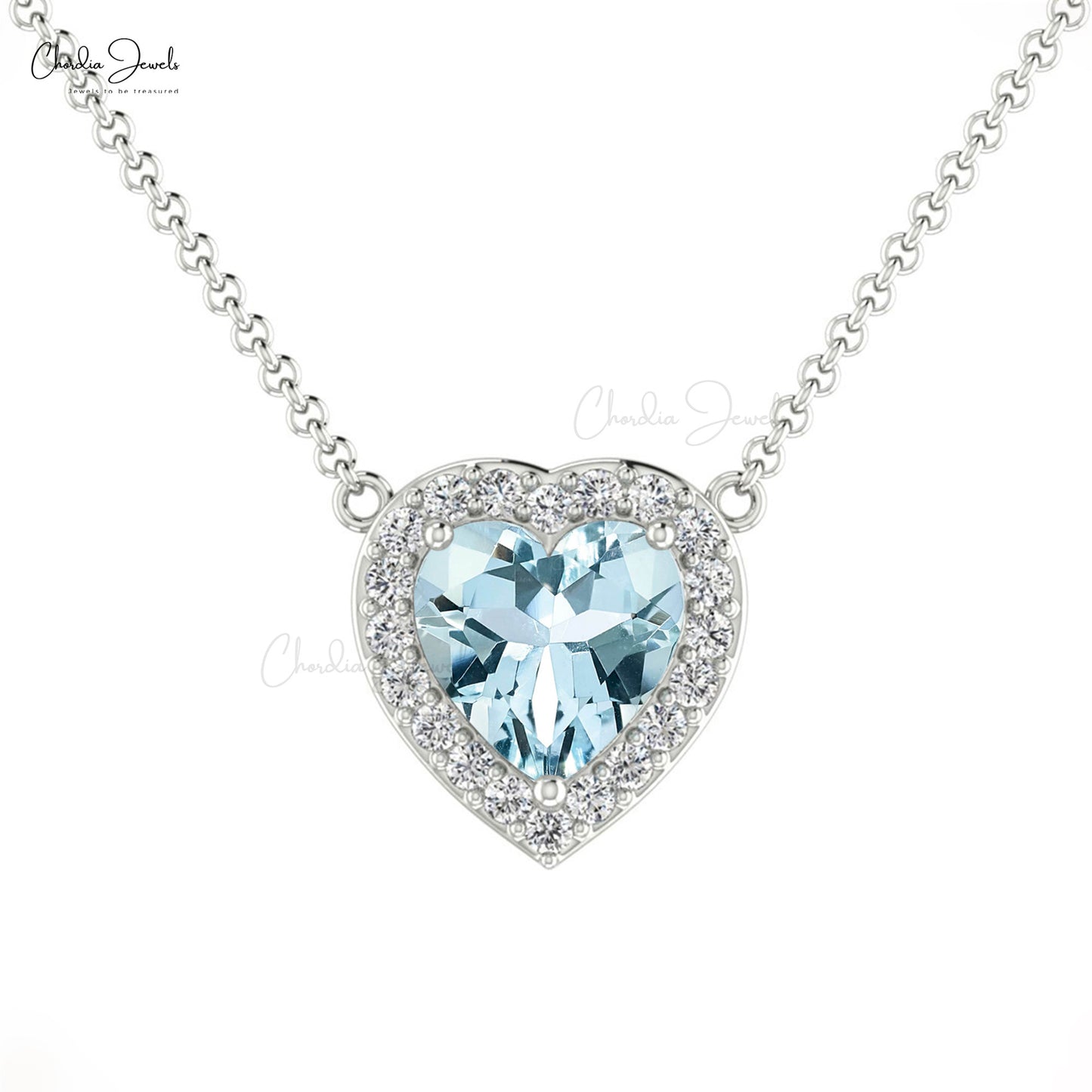 Halo Heart Necklace With Genuine Aquamarine & Diamond