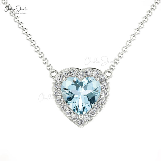 Halo Heart Necklace With Genuine Aquamarine & Diamond