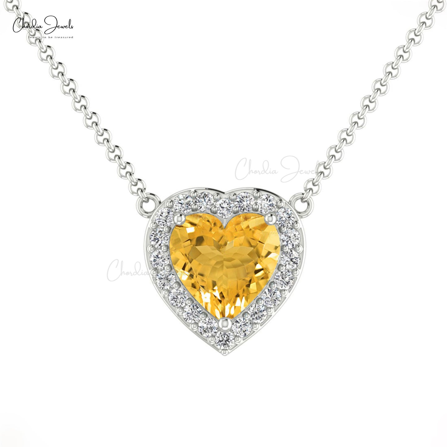 Hartgesnyde Liefdesketting in 14k Soliede Goud Sitrien 5mm Edelsteen En Halo Diamant Ketting