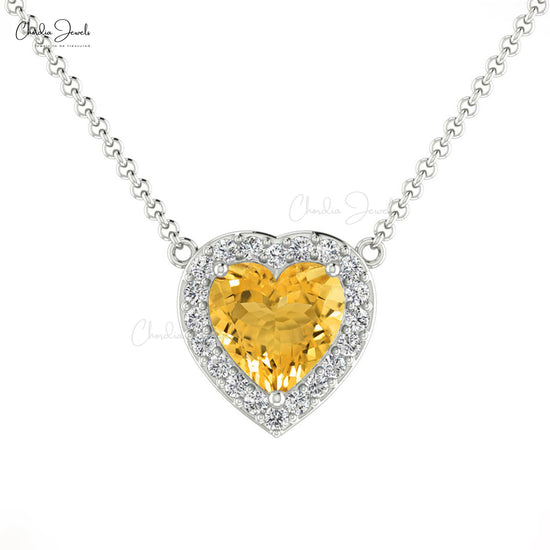 Natural Citrine Necklace, 14k Solid Gold Diamond Necklace, 5mm Heart Shape Gemstone Necklace Gift for Her