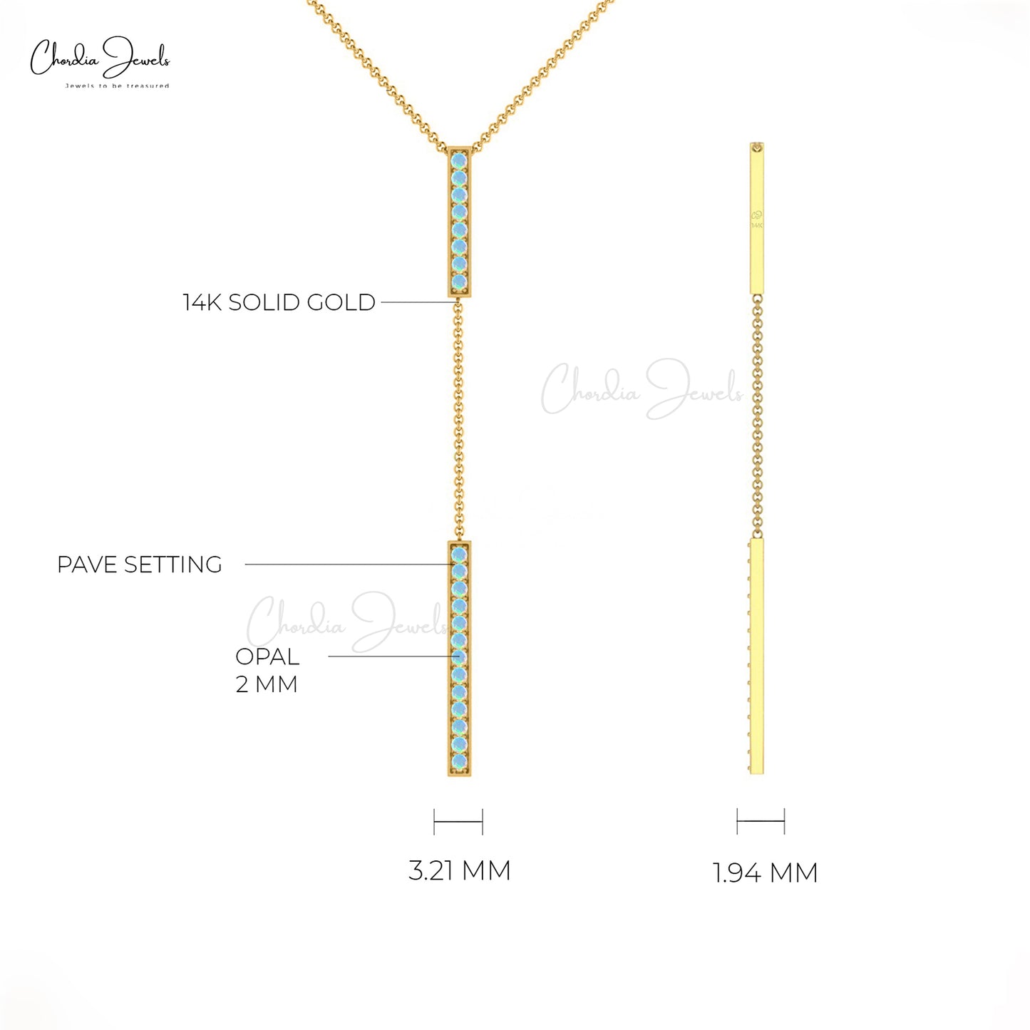 Pave Set Opal Gemstone 14k Solid Gold Y-Drop Necklace