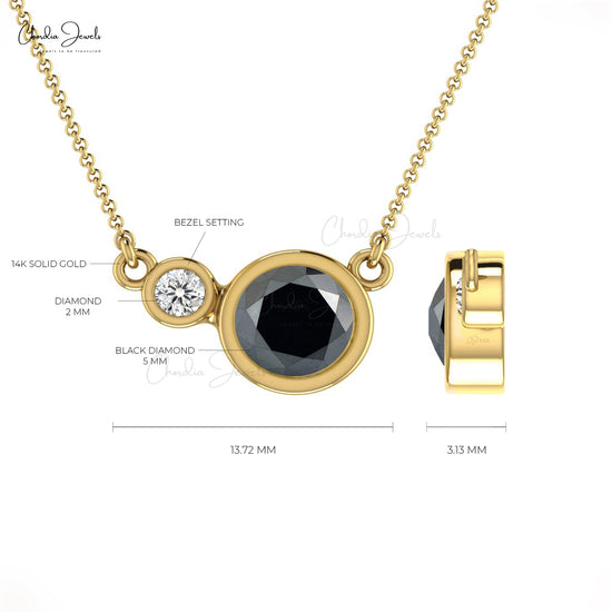 Natural Black Diamond Necklace, 14k Solid Gold White Diamond Necklace, 5mm Round Gemstone Bezel Set Necklace, April Birthstone Necklace Gift for Her