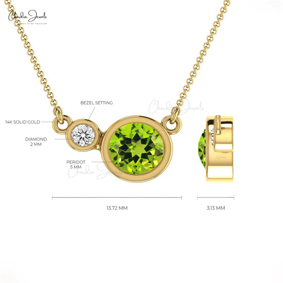 Solid 14k Gold Natural Peridot & Diamond Bezel Set Necklace
