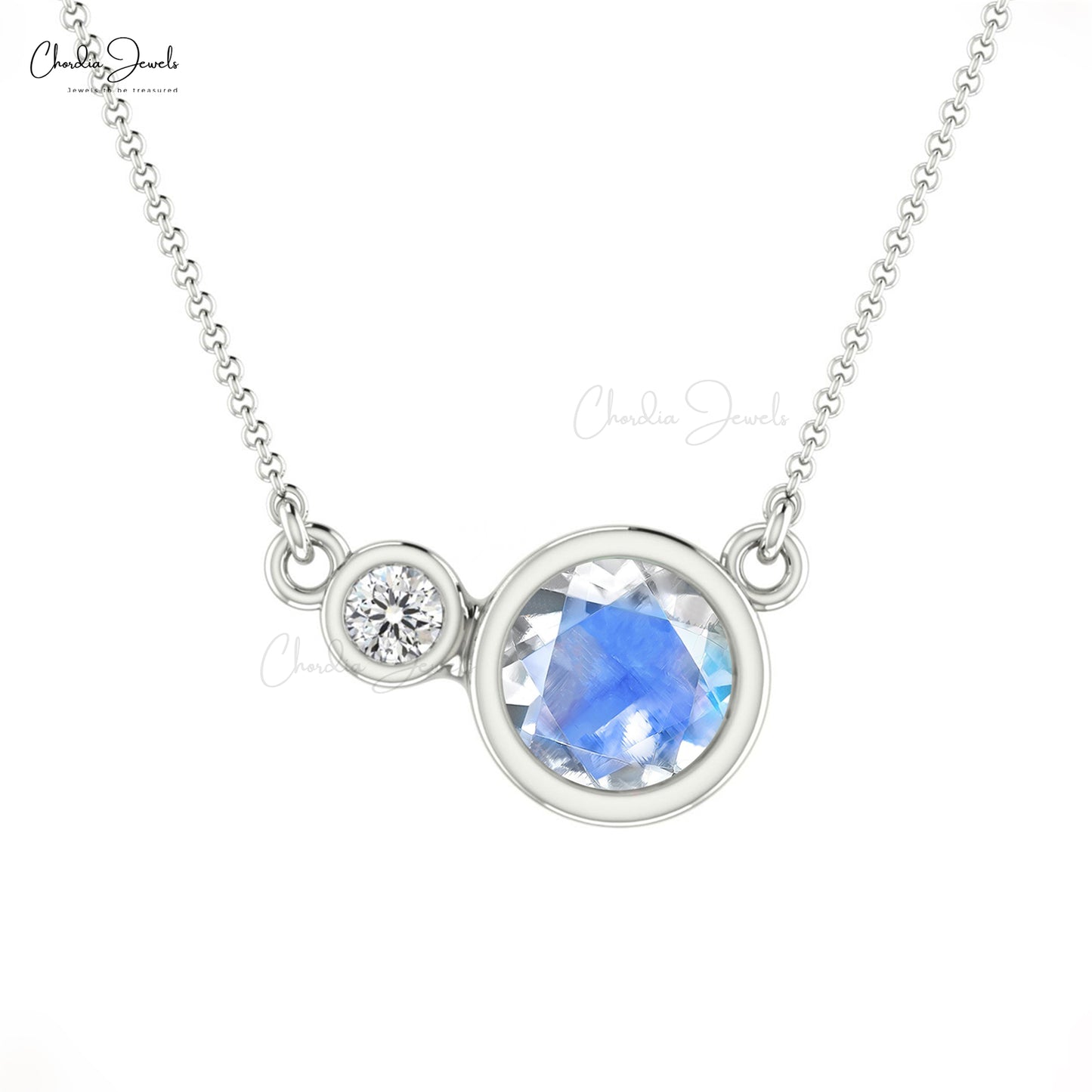 Round Moonstone & Diamond Bezel Set Necklace 14k Real Gold Light Weight 2-Stone Necklace