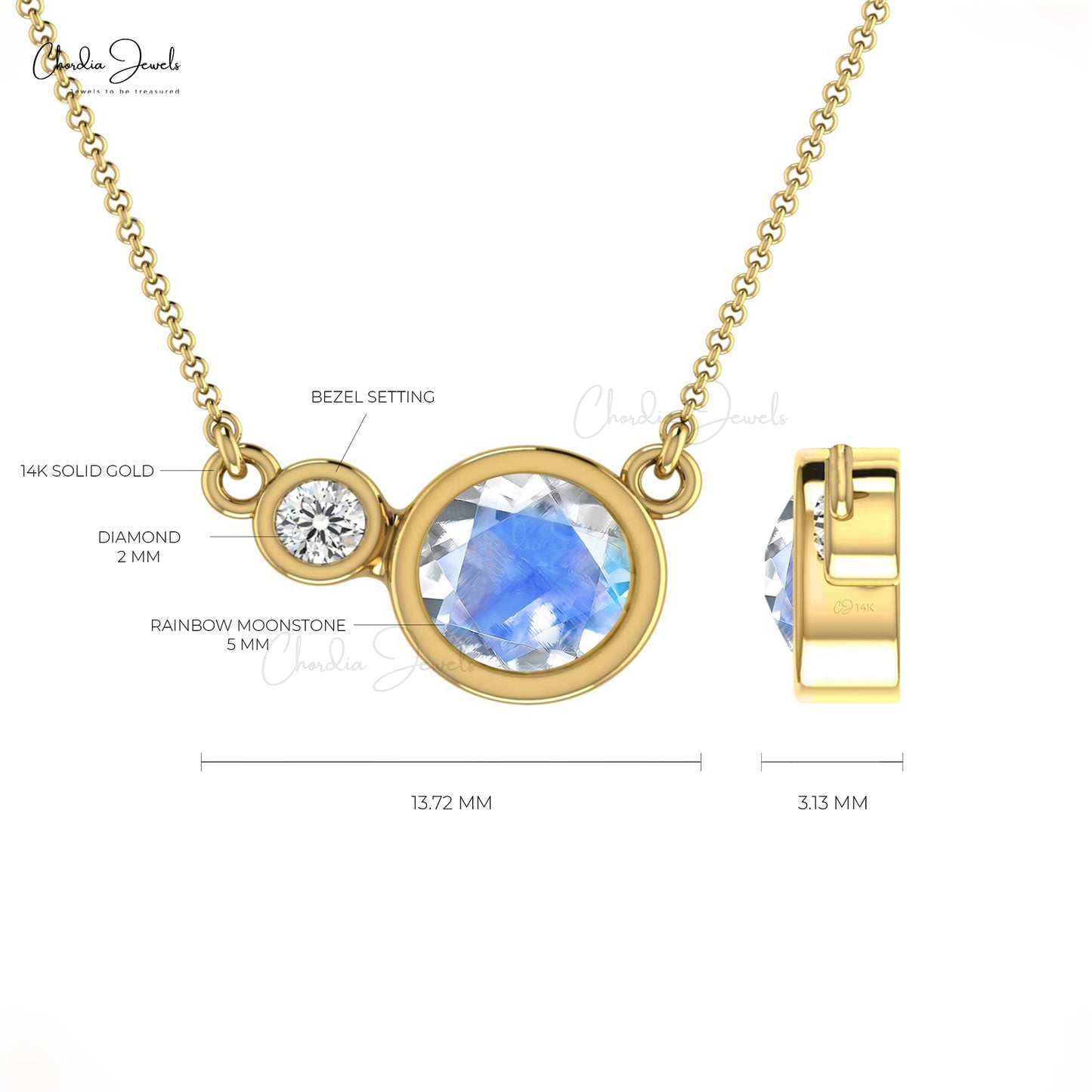 Round Moonstone & Diamond Bezel Set Necklace 14k Real Gold Light Weight 2-Stone Necklace