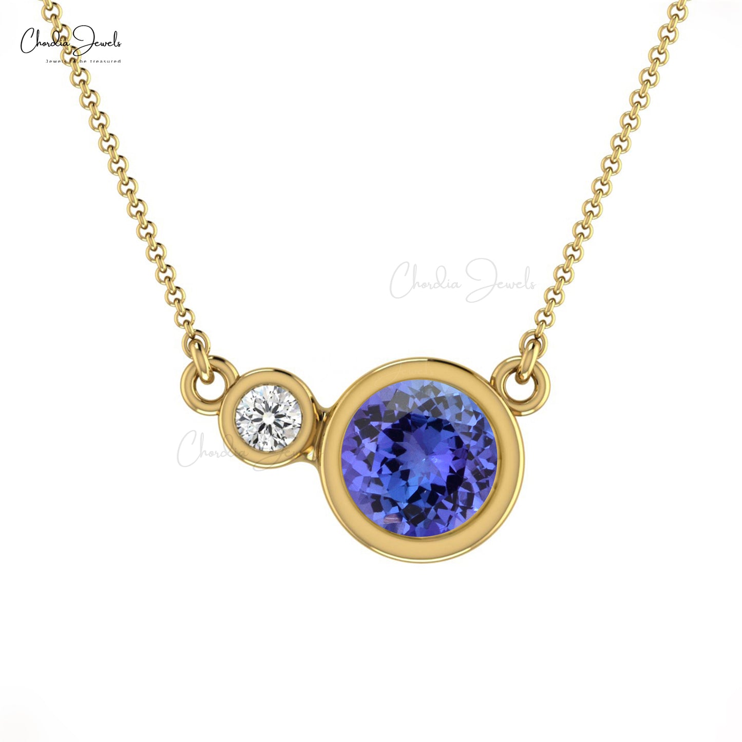 Bezel Set Tanzanite & Diamond Two Stone Necklace In 14k Gold