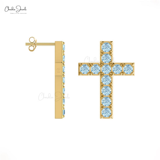 Real 14k Gold March Birthstone 1.10 Ct Pave Set Cross Stud Earrings 2mm Round Cut Authentic AAA Aquamarine Religious Studs Anniversary Gift For Wife