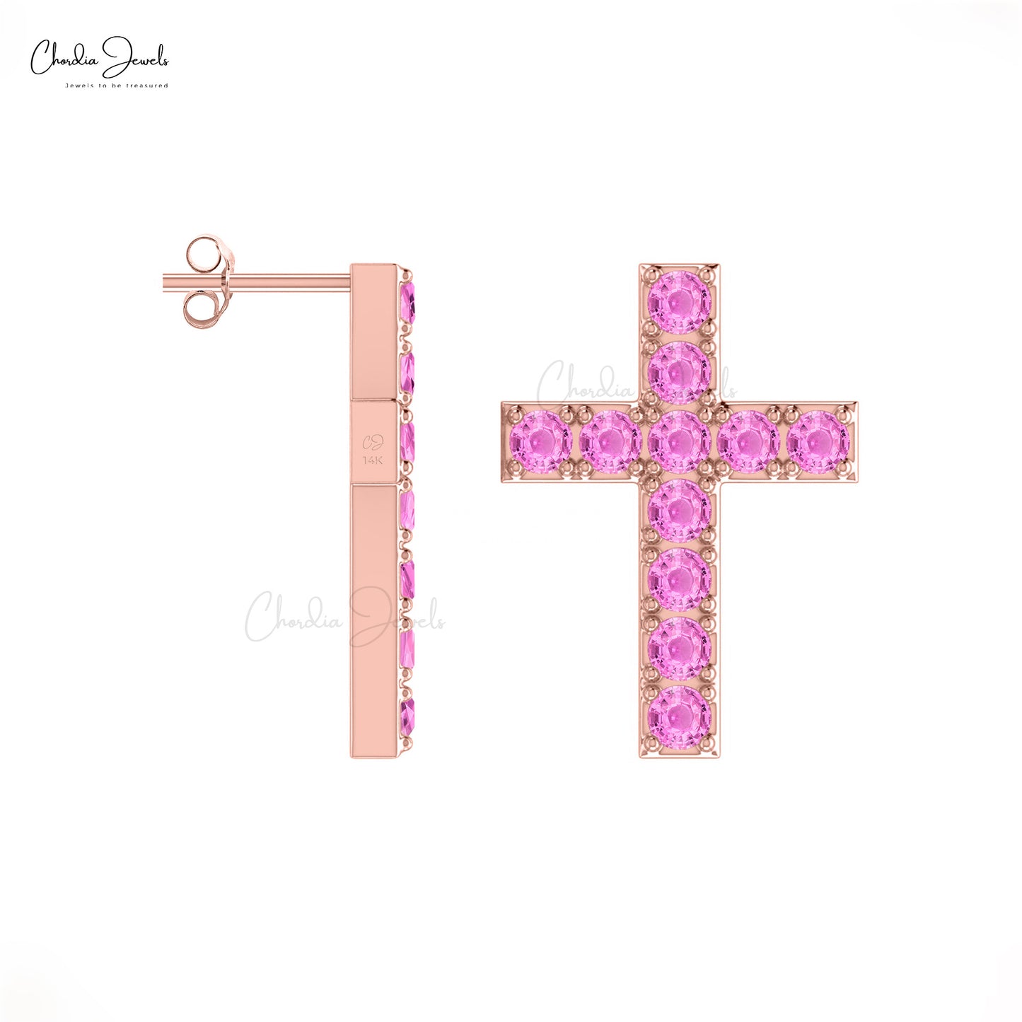 Charming and Fashionable 14k Solid Gold Classic Cross Natural Pink Sapphire Stud Earrings 2mm Round Gemstone Studs Valentine's Day Gift