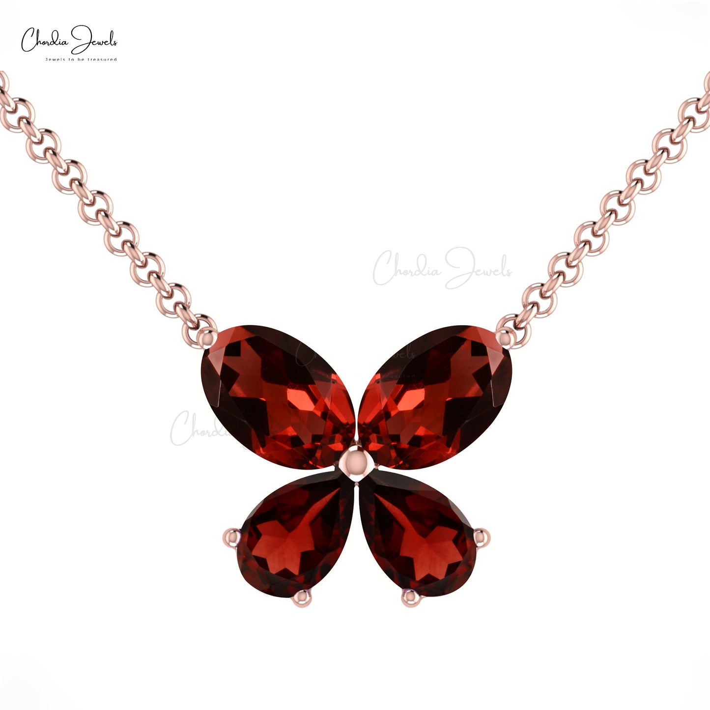 Customized Elegant Natural Garnet Butterfly Necklace Pendant Oval Shape 4-Stone Necklace in 14k Solid Gold Valentine Day Gift For Love Ones