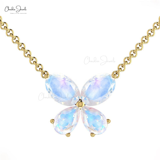 Real 14k Gold Butterfly Charm Necklace With 1.2ct Rainbow Moonstone Minimalist Chain Necklace