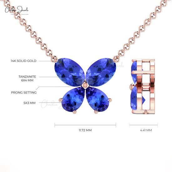 Natural Tanzanite Butterfly Necklace For Anniversary, 1.5CT 4-Stone Spring Ring Necklace in 14K Solid Gold, Oval Shape December Birthstone Gemstone Hallmarked Jewelry