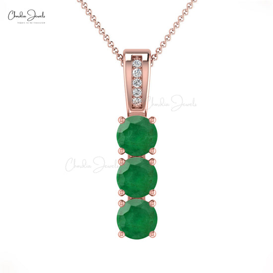 Trilogy Pendant With Round Emerald 14k Solid Gold Diamond Accents Pendant For Birthday Gift