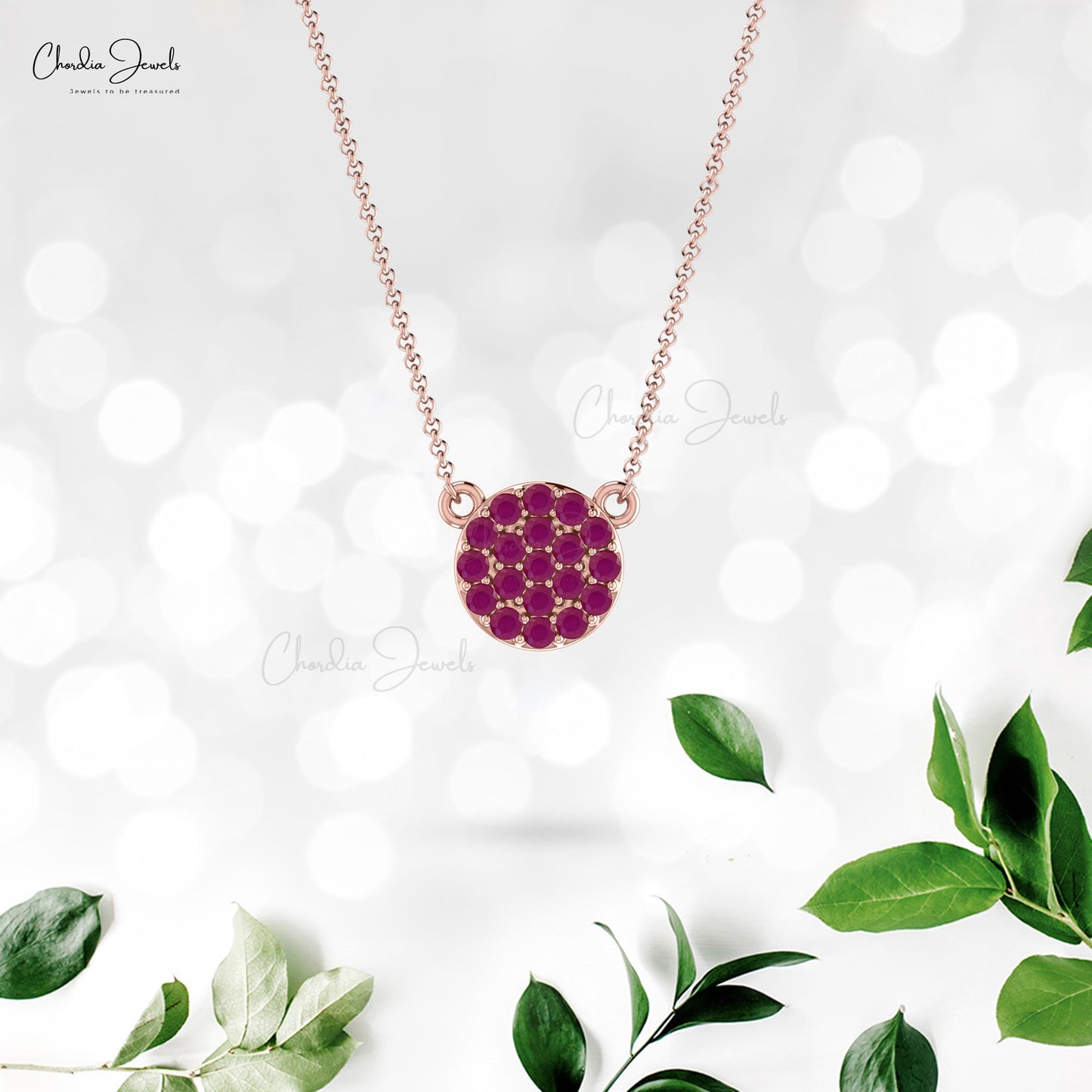 Dainty Ruby Cluster Halo Necklace for Women with Solid 14k Gold