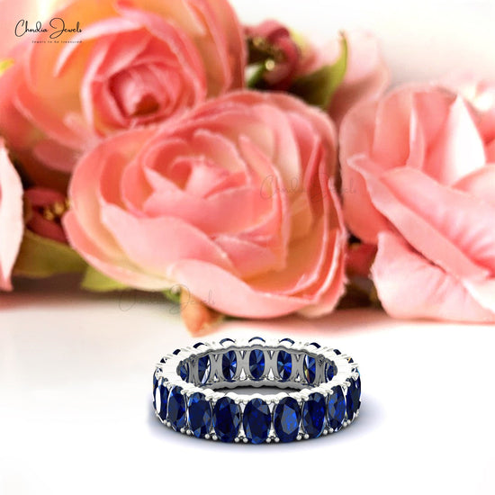 Brilliant Oval Cut Blue Sapphire Eternity Gemstone Band Ring For Engagement