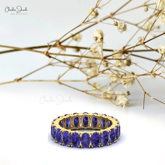 Full Eternity Gemstone Band In 14k Solid Gold Oval Tanzanite Modern Stackable Ring For Women