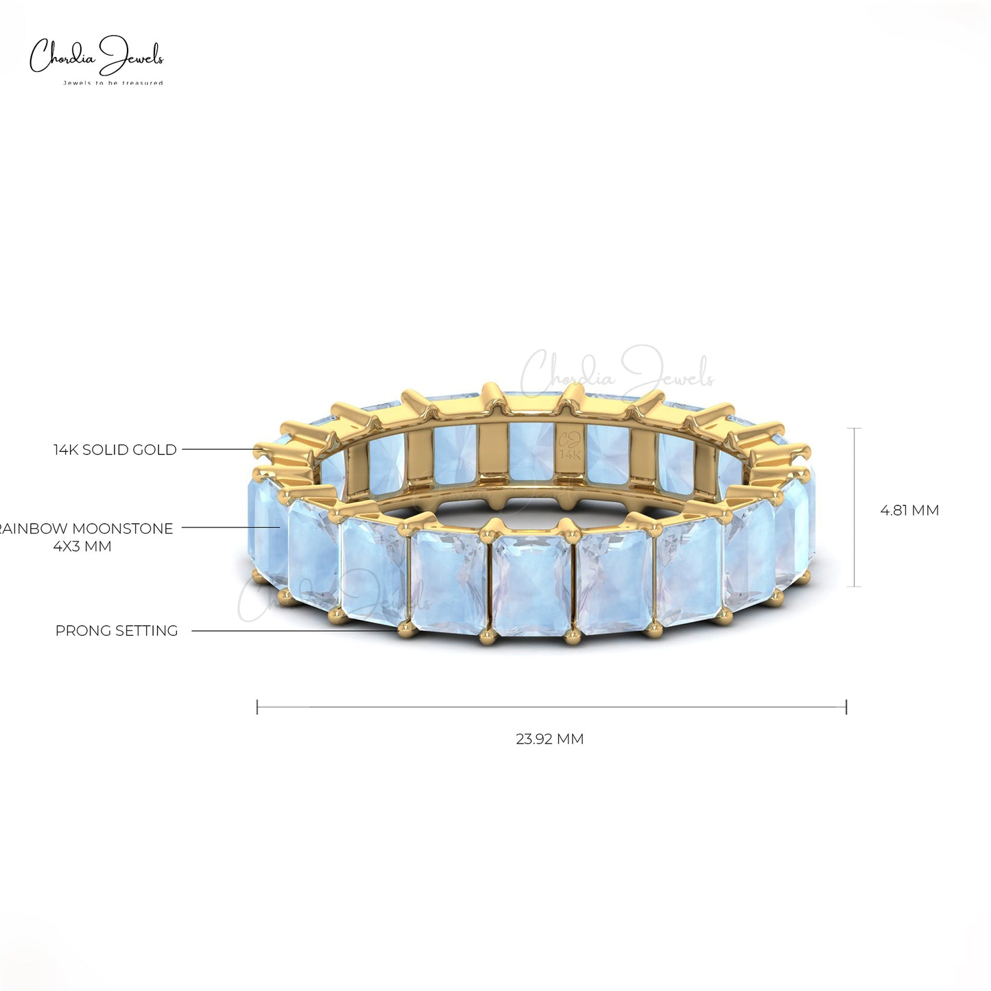 14K Solid Gold Natural Gemstone Eternity Band, 4x3 mm Emerald Cut Rainbow Moonstone Band For Women