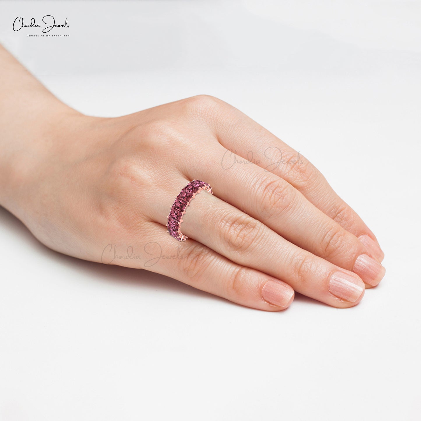 4.8 Carat Natural Pink Tourmaline Eternity Gemstone Band, 14k Solid Gold Band Ring For Women