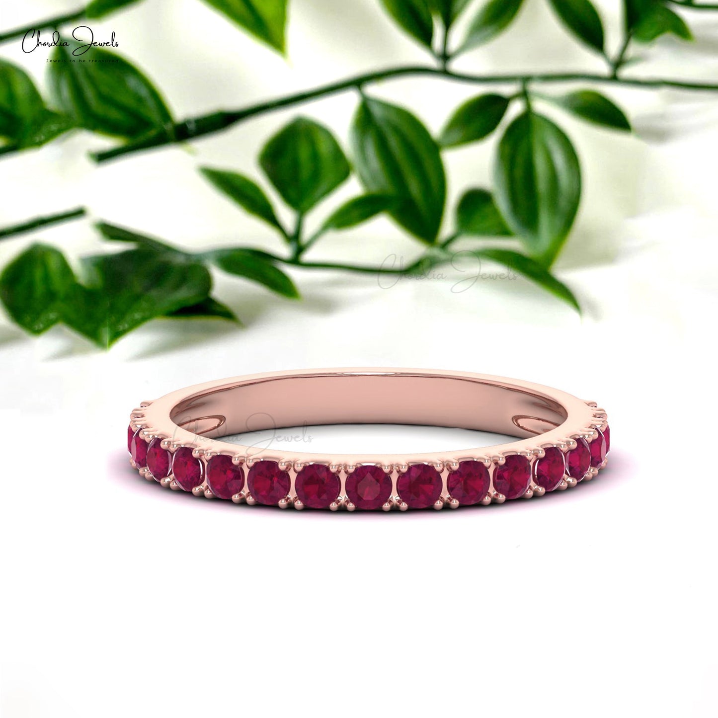2 mm Round Cut Natural Red Ruby Half Eternity Band For Women, 14k Solid Gold Gemstone Band Ring