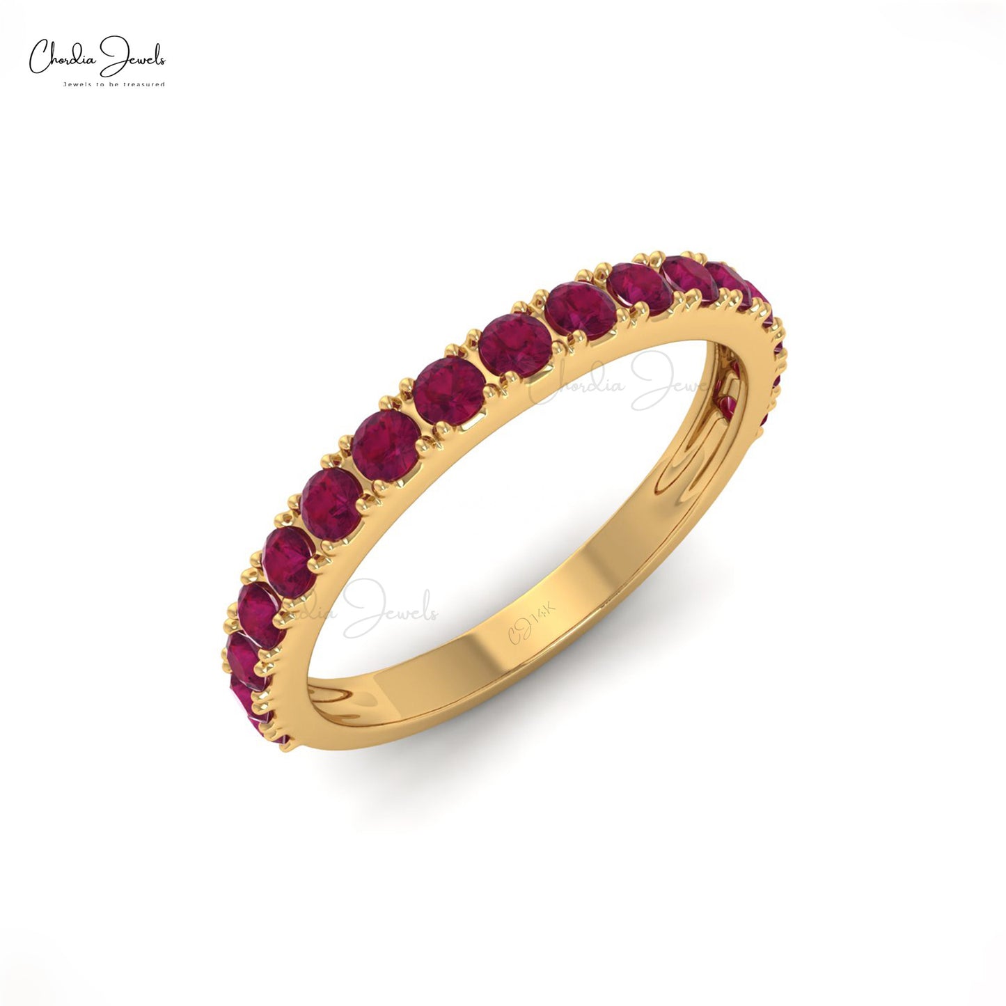 2 mm Round Cut Natural Red Ruby Half Eternity Band For Women, 14k Solid Gold Gemstone Band Ring