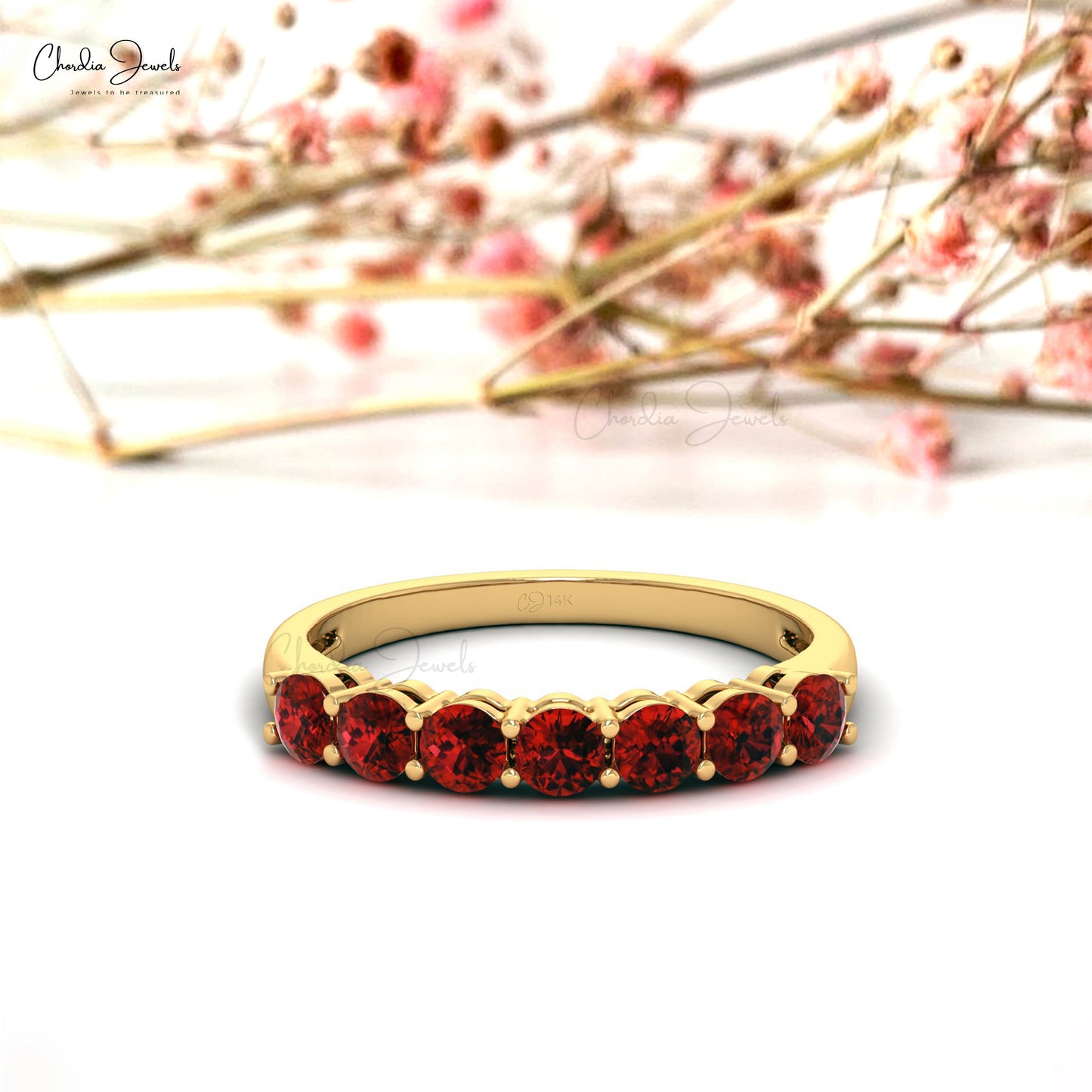 Red Garnet Half Eternity Band For Anniversary in 14k Solid Gold