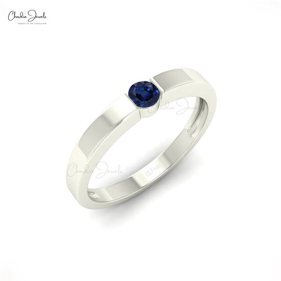 14k Solid Gold Natural Gemstone Ring For Women, 3mm Round Cut Blue Sapphire Solitaire Ring For Birthday Gift