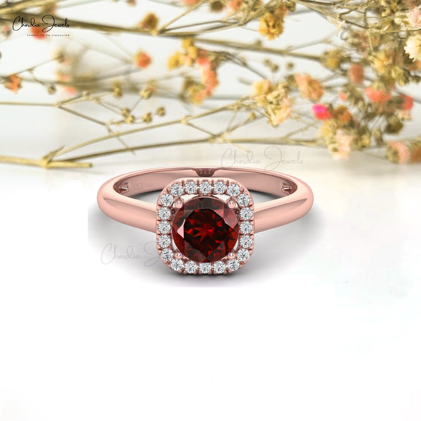 Natural Garnet and Diamond Dainty Ring in 14k Solid Gold For Anniversary