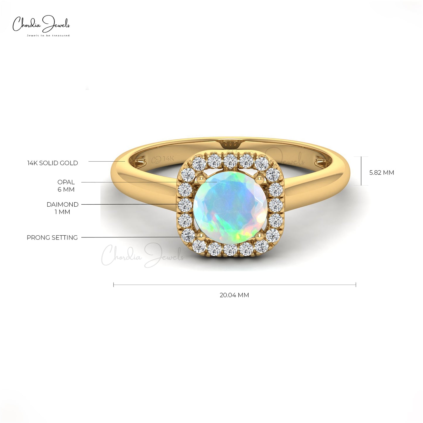 14k Solid Gold Diamond and Gemstone Dainty Ring For Valentine, 0.57 Carats Natural Ethopian Opal Halo Ring For Gift