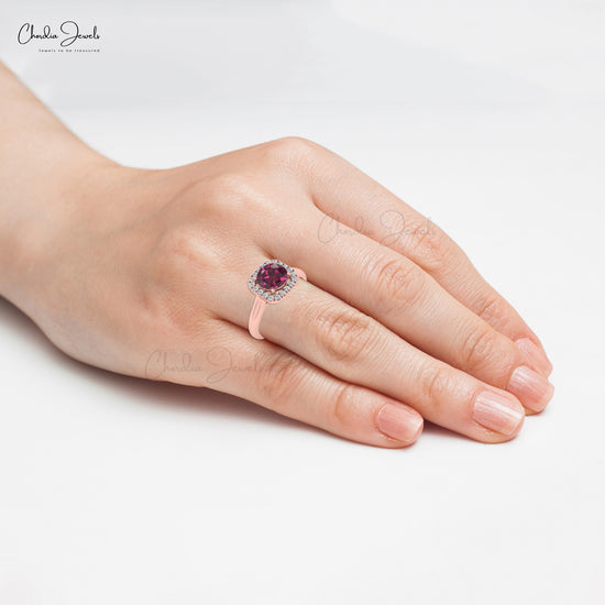 6mm Round Cut Rhodolite Garnet Dainty Ring For Women, 14k Solid Gold Natural Gemstone and Diamond Halo Ring