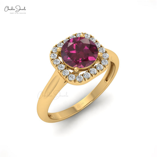 6mm Round Cut Rhodolite Garnet Dainty Ring For Women, 14k Solid Gold Natural Gemstone and Diamond Halo Ring